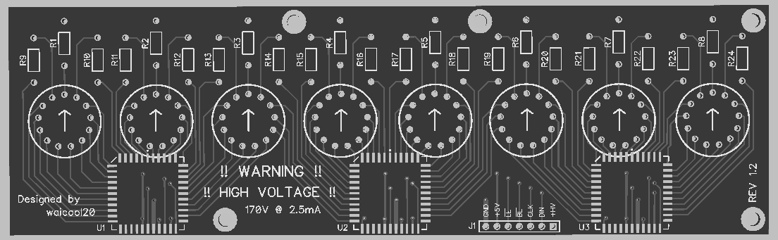 A 3D model generated by Diptrace of the Divergence Meter Nixie Board